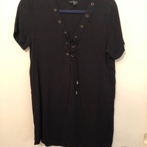Black t shirt dress with woven detail